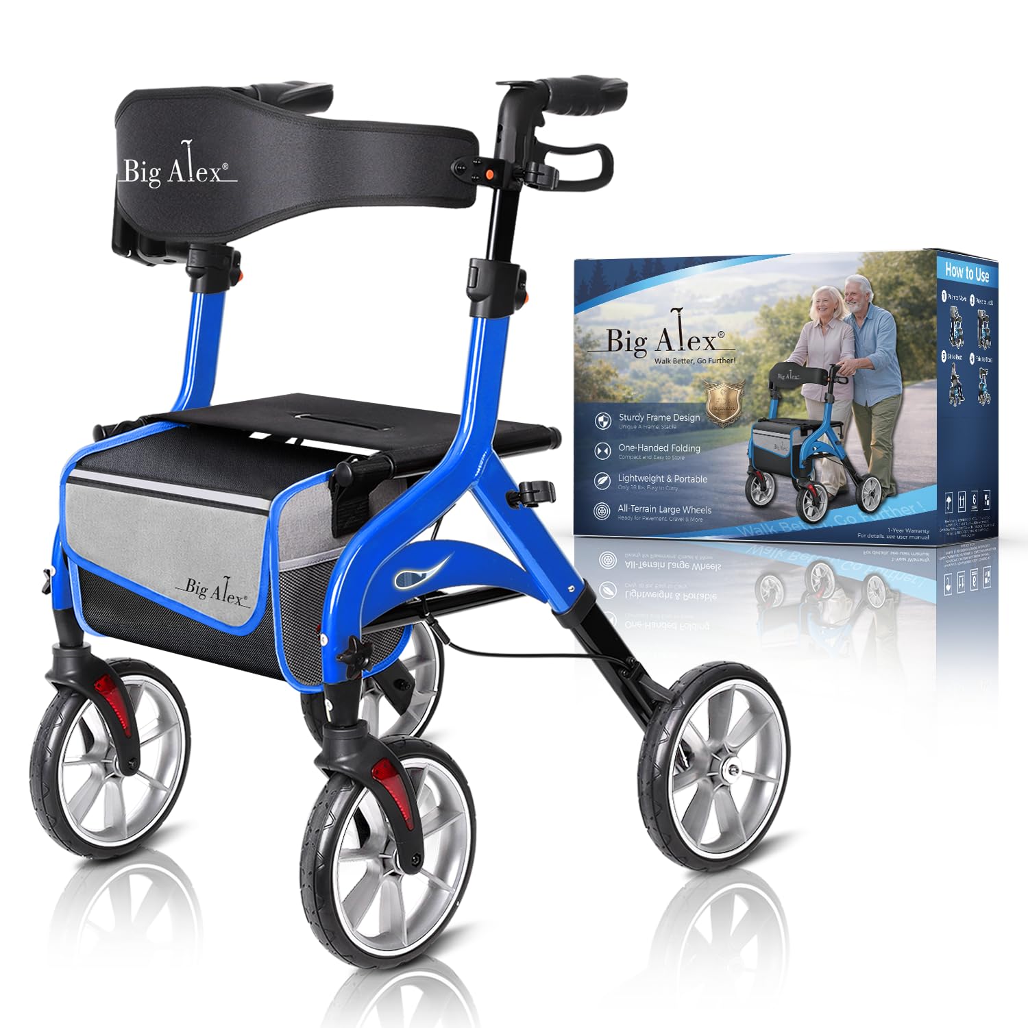 BigAlex Rollator Walker with Seat for Seniors, Foldable, 10" Wheels, Blue
