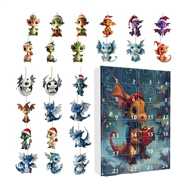Dragon Advent Calendar - 2024 for Kids and Adults, 2D Acrylic Dragon Ornament | Advent Calendar with Animal Decoration, Realistic Dragon Pendant for Christmas Tree