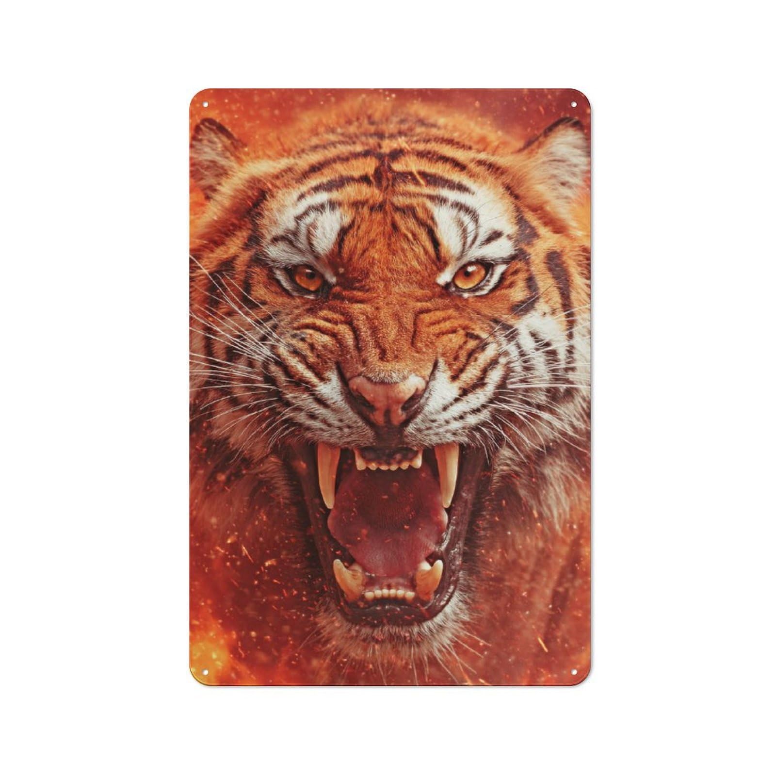 Junmoney Style-13 Roaring Tiger Portrait In Fiery Hues Retro-Style Tin Wall Plaque 30X20cm For Café Or Home Bar, For Themed Interiors In Cafés And Home Bars