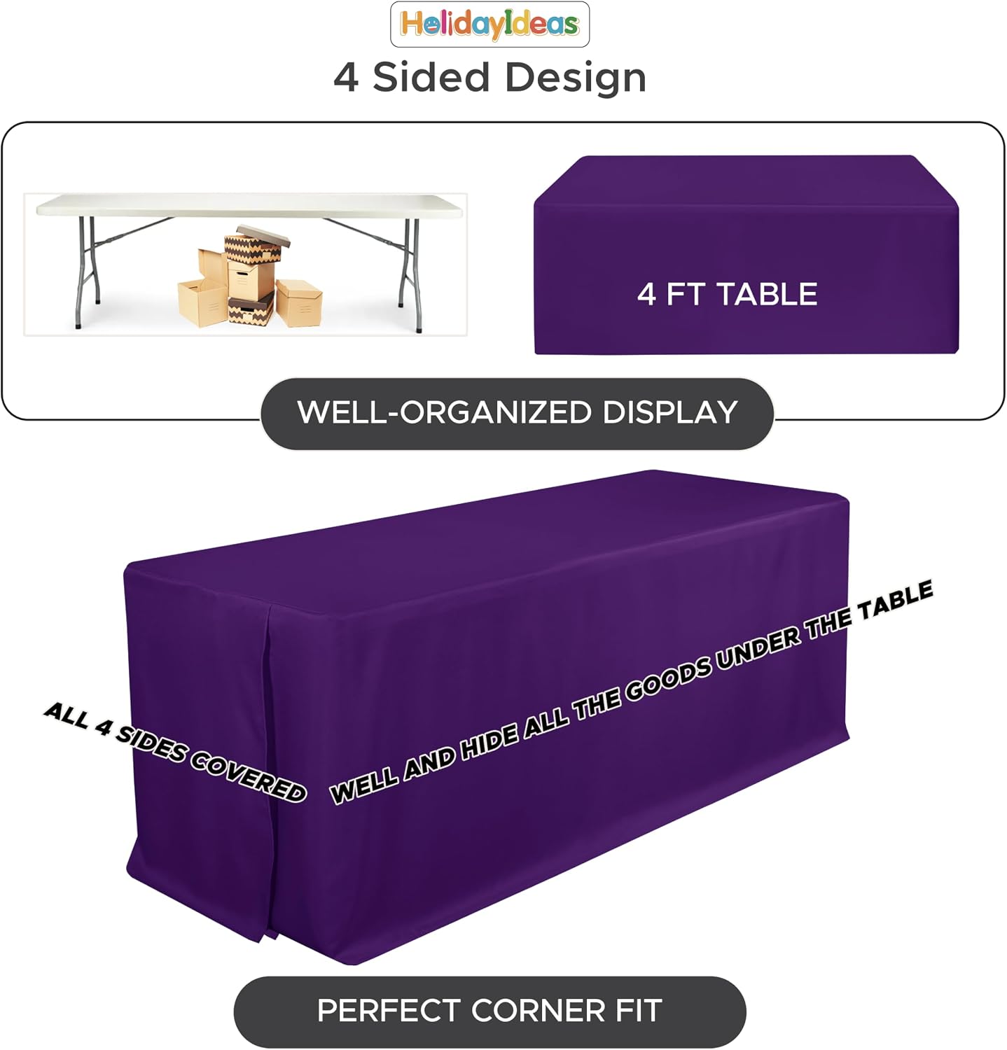  4-Pack 6ft Purple Rectangle Craft Shows Fitted Tablecloth | 4-Sided Coverage Table Cloths for 6 Foot Rectangle Tables For Professional Trade Exhibition Displays Or Vendor Booths thumbnail