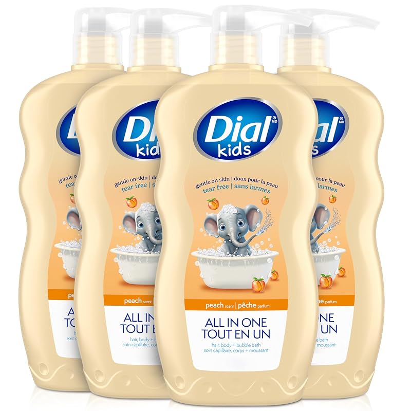 Sabonete líquido infantil Dial 3 em 1 para corpo, cabelo e banho de espuma, Peach, 710 mL, Pacote com 4