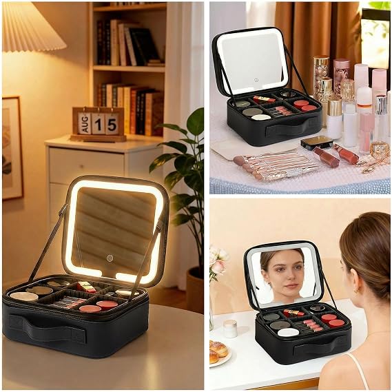 Travel Makeup Bag with LED Mirror, 3 Light Modes Light Up Vanity Case, Portable Cosmetic Organiser Bag with Adjustable Dividers & Makeup Brush Slot, Professional Make Up Storage Box, Black
