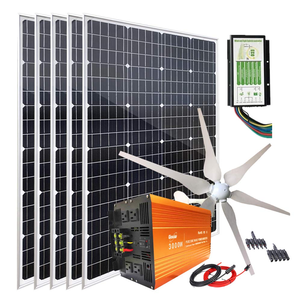 1000W Solar Panel Kit with 400W Wind Turbine Generator + 5pcs 120W Mono Solar Panel + 3000W 12V to 120V Power Inverter + Hybrid Charge Controller for 12V Battery Charge