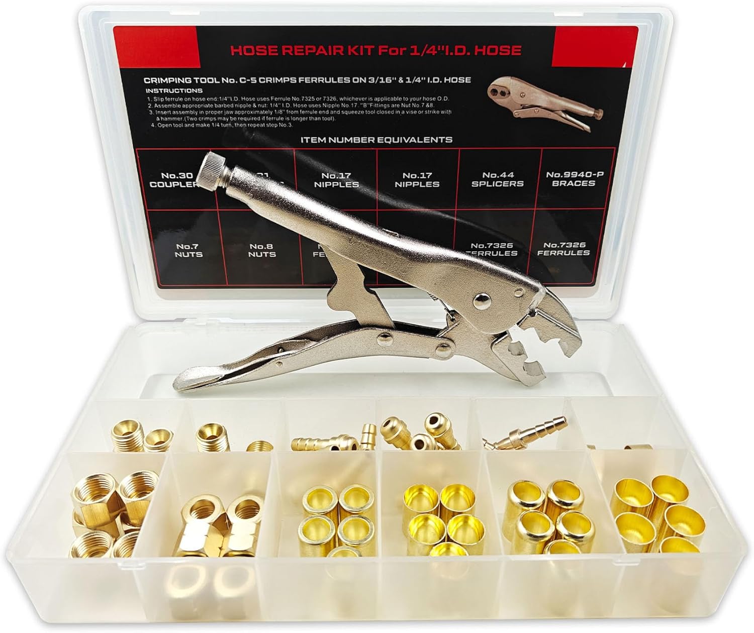 54PCS PK-26 1/4" I.D.Torch Hose Repair Kit, Air Hose Repair Kits for Torch Hose/Oxygen Acetylene/Air Hose, 1/4" Hose Repair Kit Include Fittings/Crimping Tool/Ferrules/Couplers/Braces/Splicers/Nipples