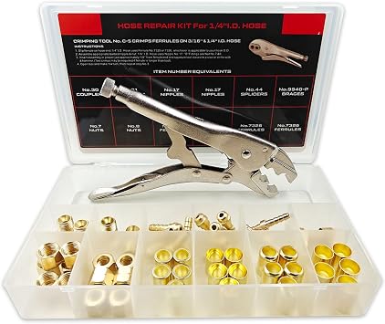 54PCS PK-26 1/4" I.D.Torch Hose Repair Kit, Air Hose Repair Kits for Torch Hose/Oxygen Acetylene/Air Hose, 1/4" Hose Repair Kit Include Fittings/Crimping Tool/Ferrules/Couplers/Braces/Splicers/Nipples