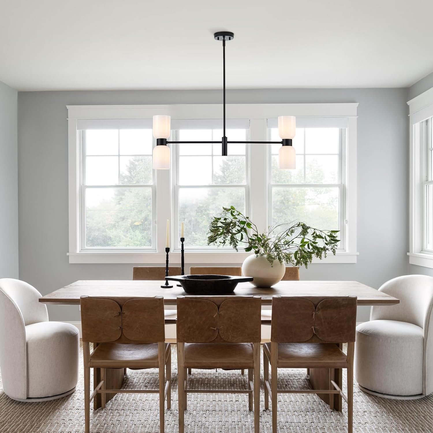 Modern Linear Chandelier for Kitchen Island, Black Island Light Fixtures with White Glass Shade, 4-Light Linear Pendant Light Fixture for Dining Room
