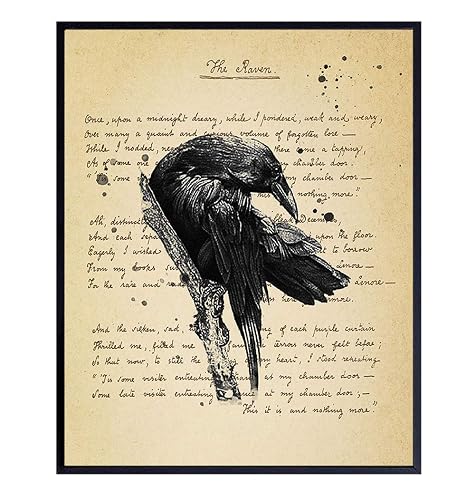 The Raven - Edgar Allan Poe Vintage Wall Art Decor Set - Rustic Retro Home, Apartment or Office Decoration Picture for Living Room, Bedroom - Gift for Goth and Steampunk Fans