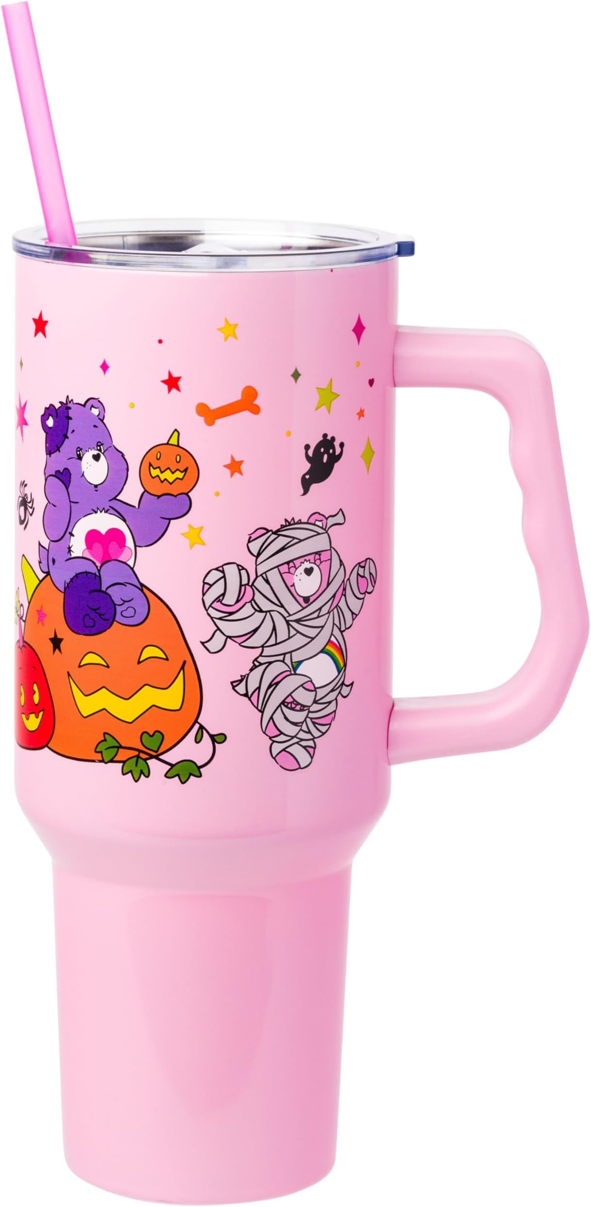 Silver Buffalo Care Bears Featuring Harmony Bear, Cheer, Share Bear, and Trick-or-Sweet Halloween Double Walled Stainless Steel Tumbler with Handle and Straw, Fits in Standard Cup Holder, 40 Ounces