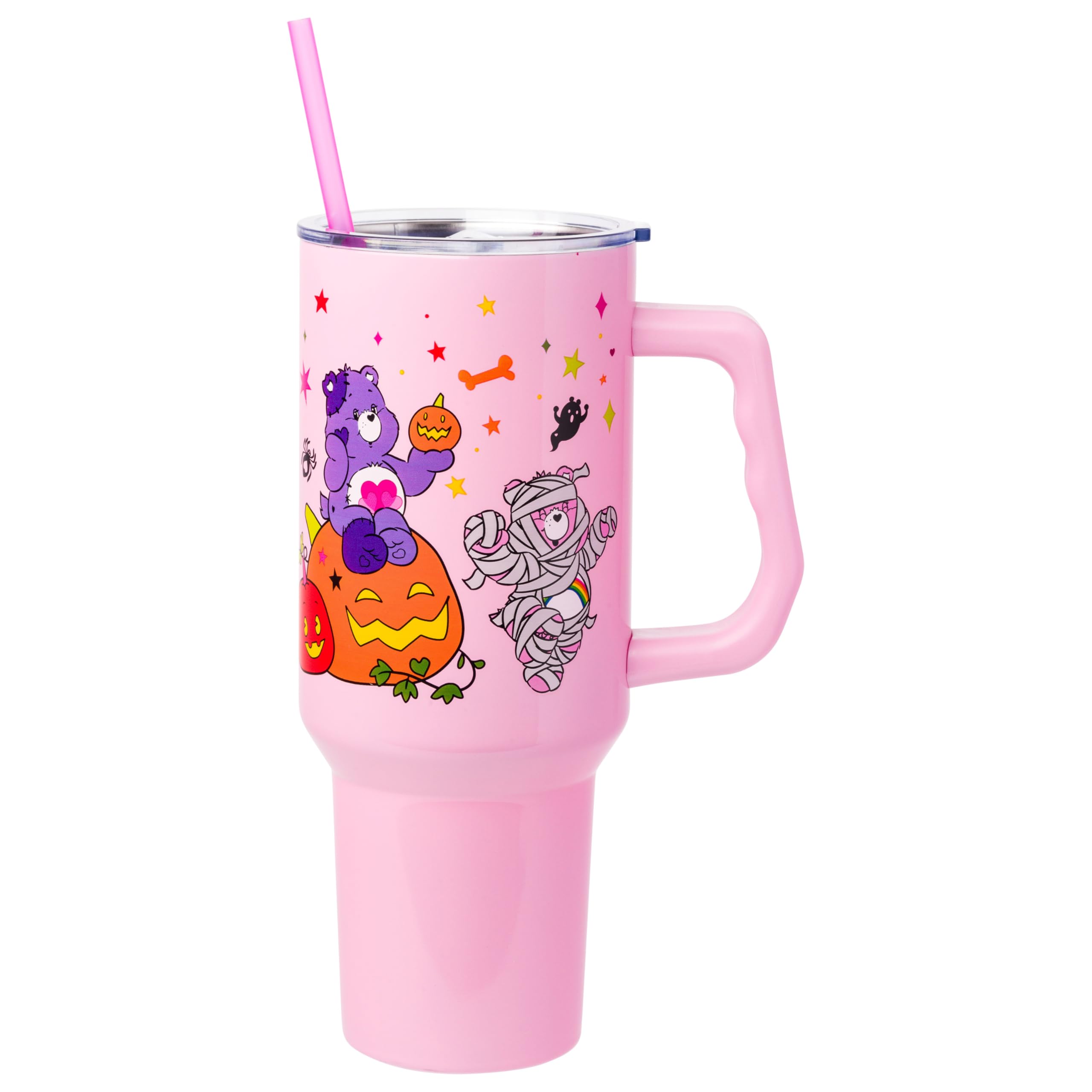 Silver Buffalo Care Bears Featuring Harmony Bear, Cheer, Share Bear, and Trick-or-Sweet Halloween Double Walled Stainless Steel Tumbler with Handle and Straw, Fits in Standard Cup Holder, 40 Ounces