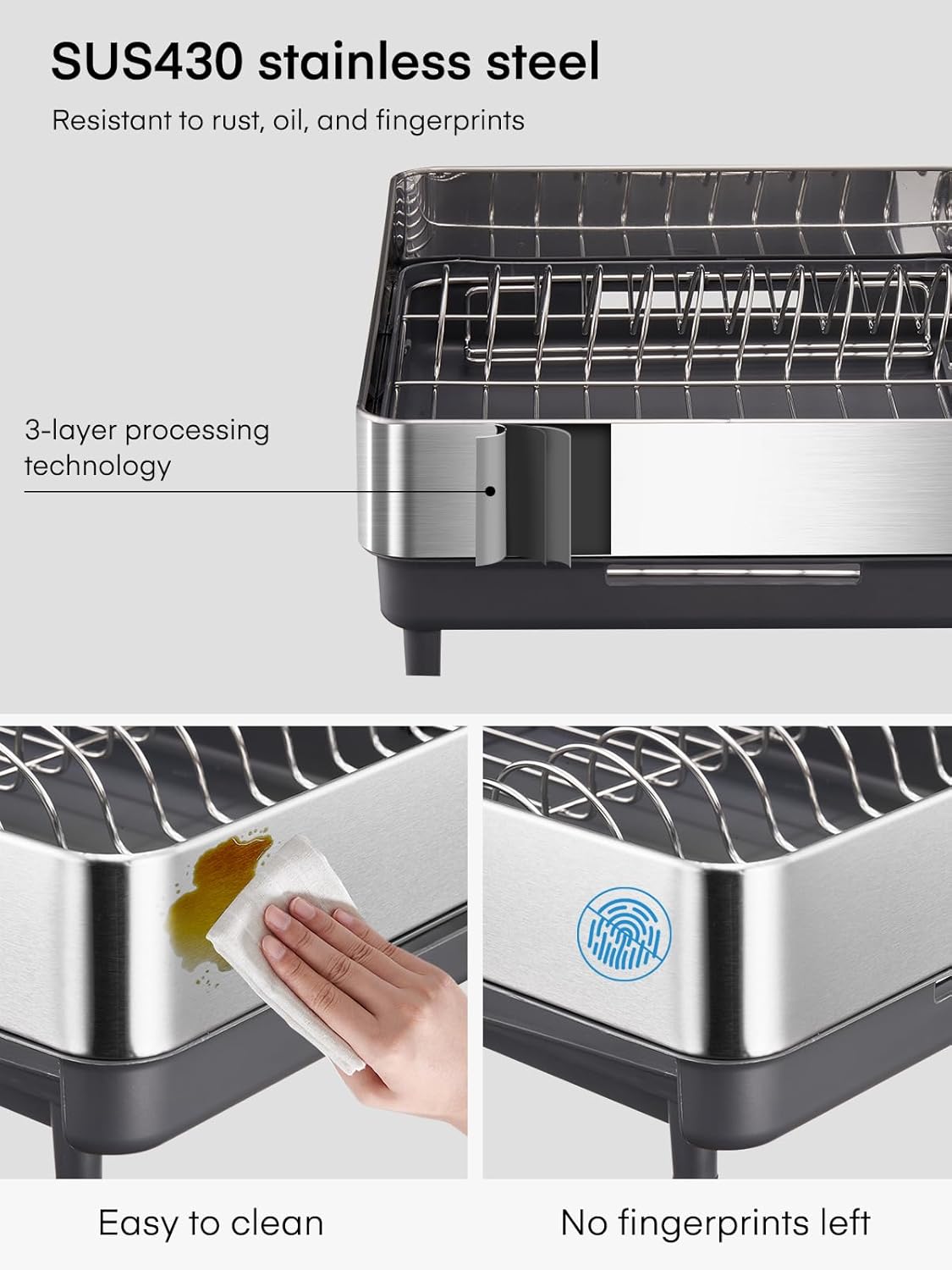 FOHERE Large Dish Drying Rack, Expandable Dish Rack, Stainless Steel Dish Rack for Kitchen Counter, Anti-Rust Dish Drainer with Cutlery & Cup Holders for Dishes, Knives, Spoons and Forks, Grey