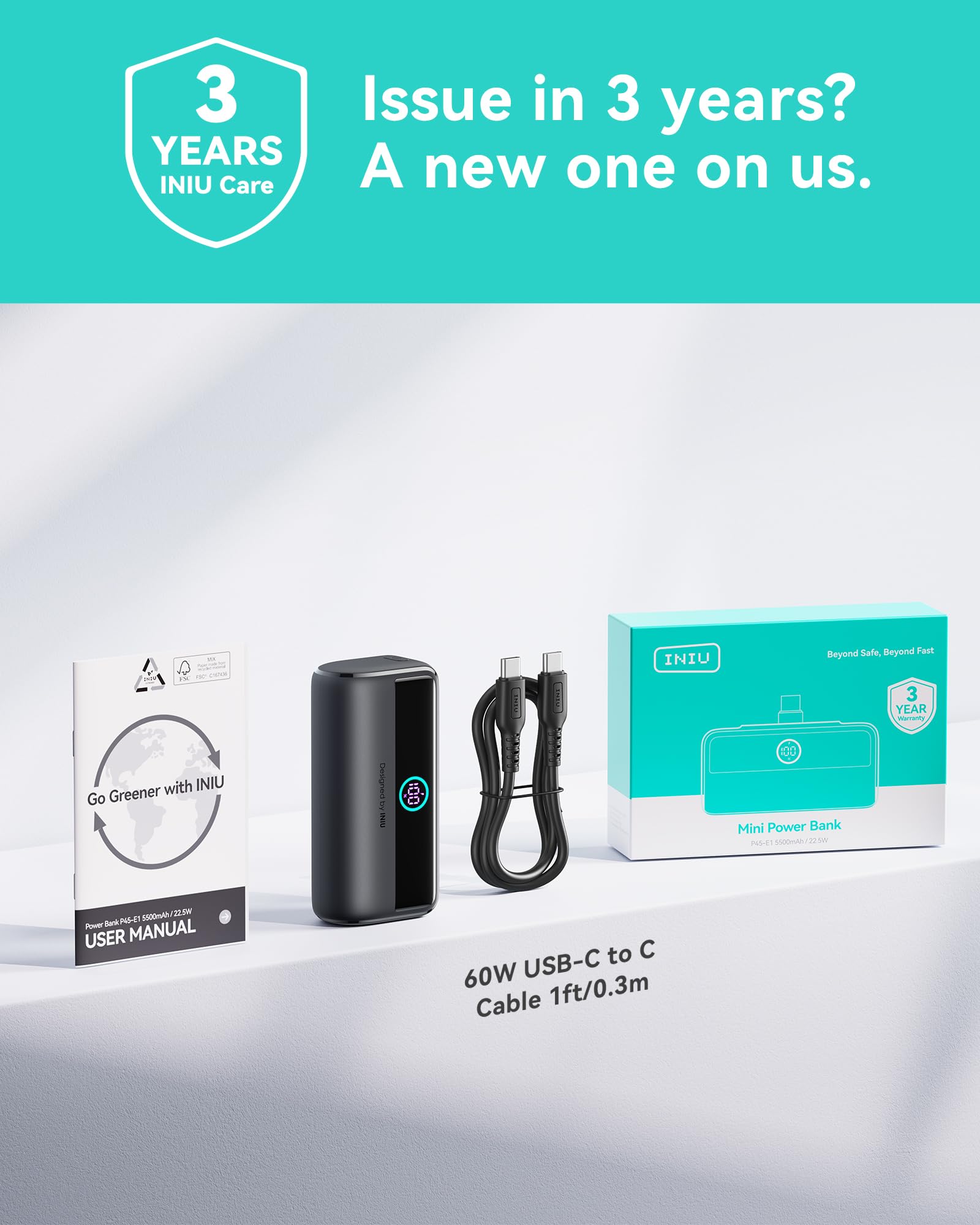 INIU Mini powerbank z szybkim ładowaniem, powerbank 5500 mAh, 22,5 W, wbudowany składany łącznik USB-C, zewnętrzny powerbank LED, kompatybilny z iPhone 16, Samsung S22/23 i innymi