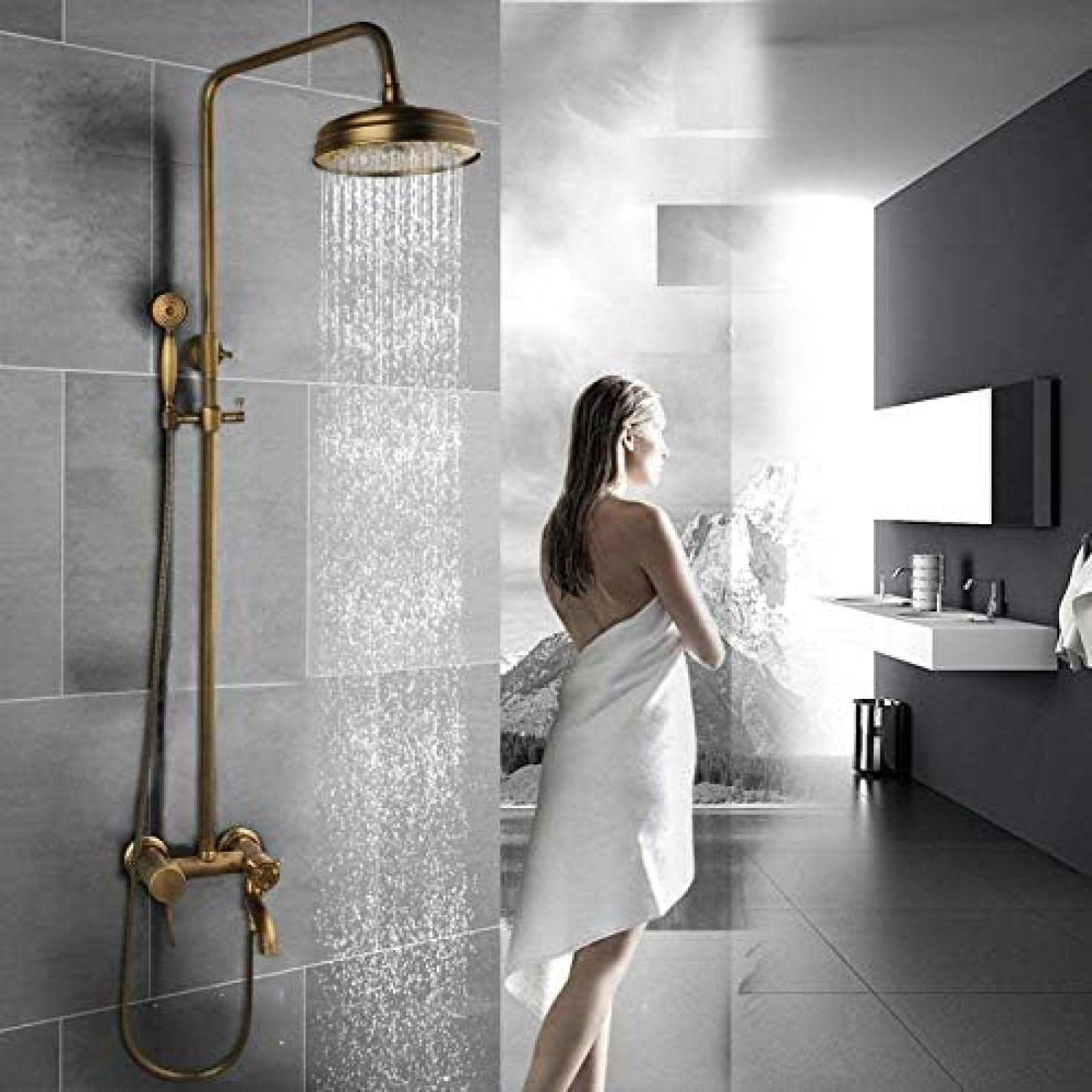 GLJTUO Shower system, Antique Brass Rainfall Bathroom Shower Faucet Hand 3 Sprays Bathtub Bathroom Shower Set Tap Mixer Faucet W/Ceramic Base