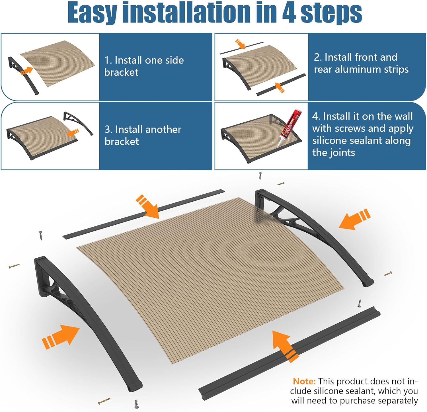 32x40'' Window and Door Awning Exterior, UV/Rain/Snow/Sunlight Protection Sheet,UPF 50+ Polycarbonate Overhang Canopy,House Overdoor Awnings for Door Entrance Outside/Patio/Porch/Deck