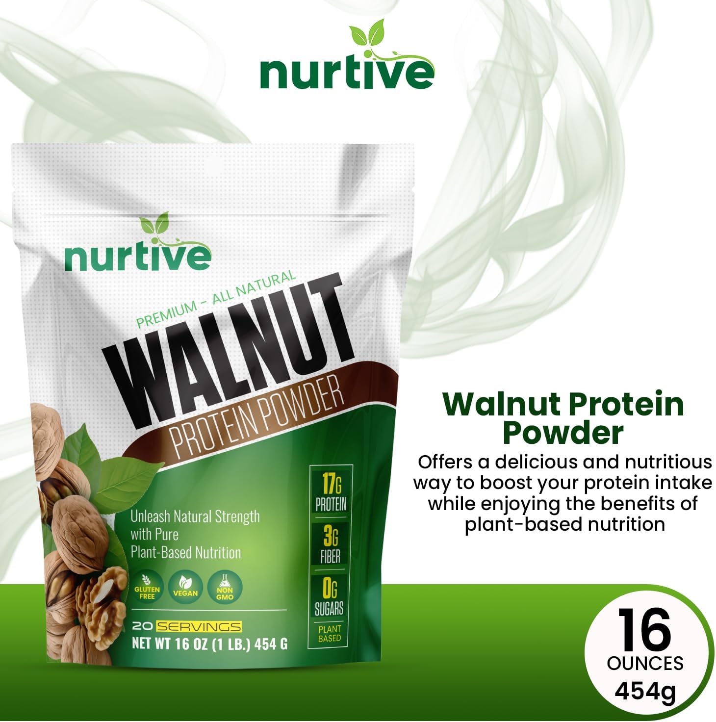 Walnut Protein Powder - Rich in Omega-3 & Plant-Based Protein - Antioxidant Boost - Ideal for Smoothies & Baking - Gluten Free, Vegan, Non GMO - 20 Servings (16 oz / 454 g)