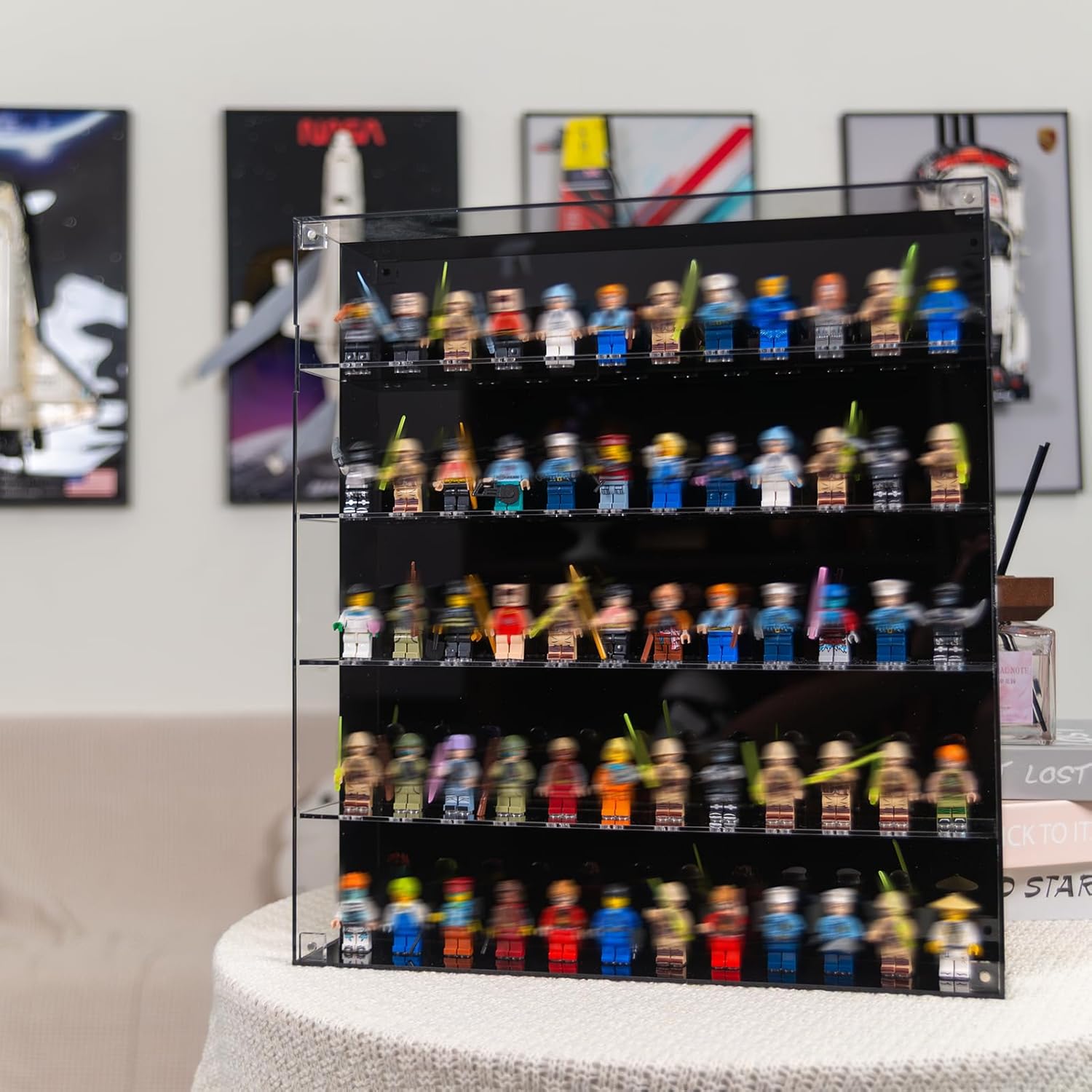 Acrylic Minifigure Display Case - 360° View Wall Mount Cabinet for 60 Building Block Figures, Minifigure Showcase Cabinet Compatible with Lego Miniatures & Collectibles, Dust-Proof