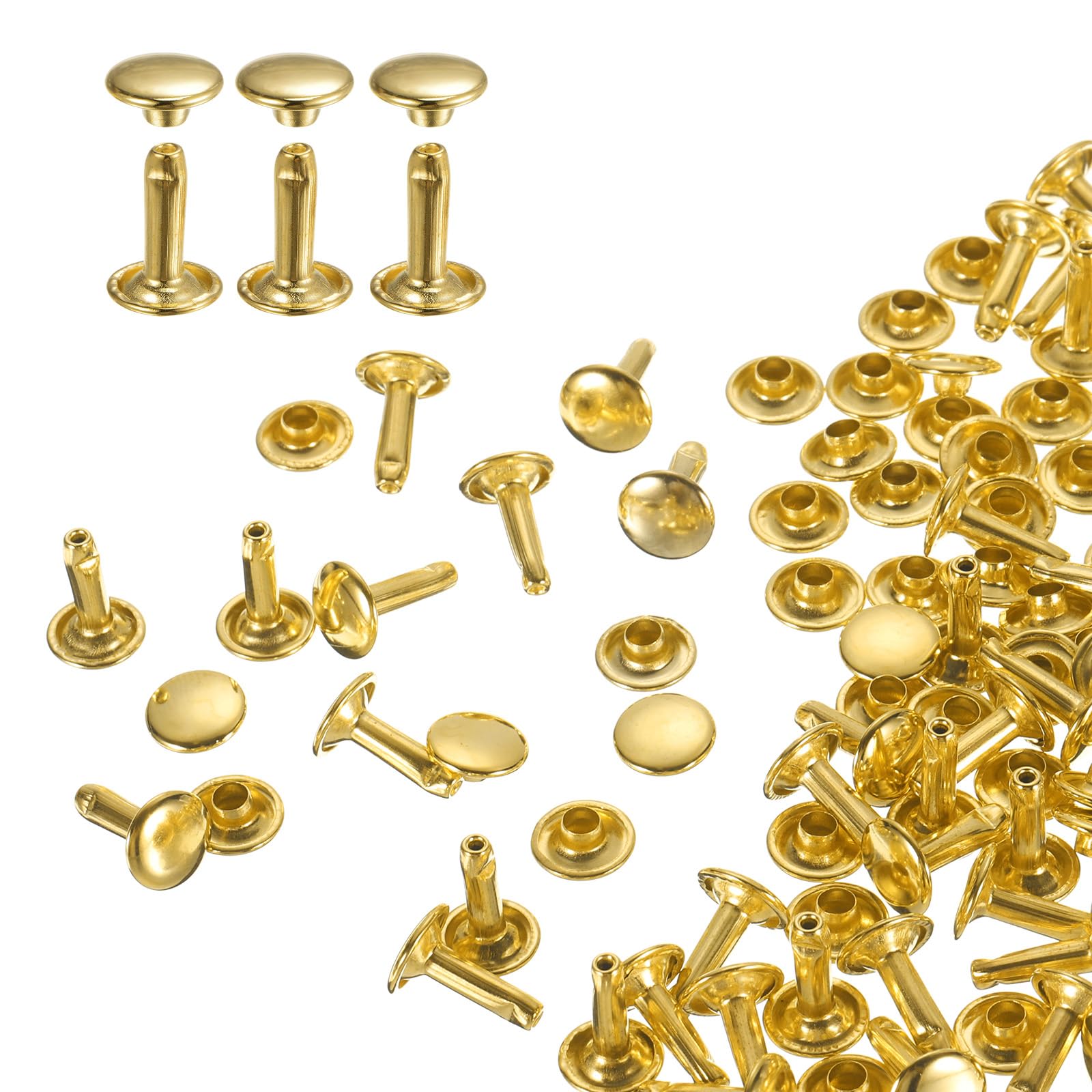 HARFINGTON 60 Sets Double Cap Leather Rivets, 9x12mm Round Cap Tubular Metal Studs Leather Crafting Rivets for Fabric Belt Pet Collar Boot Bag Repair and Decoration, Gold