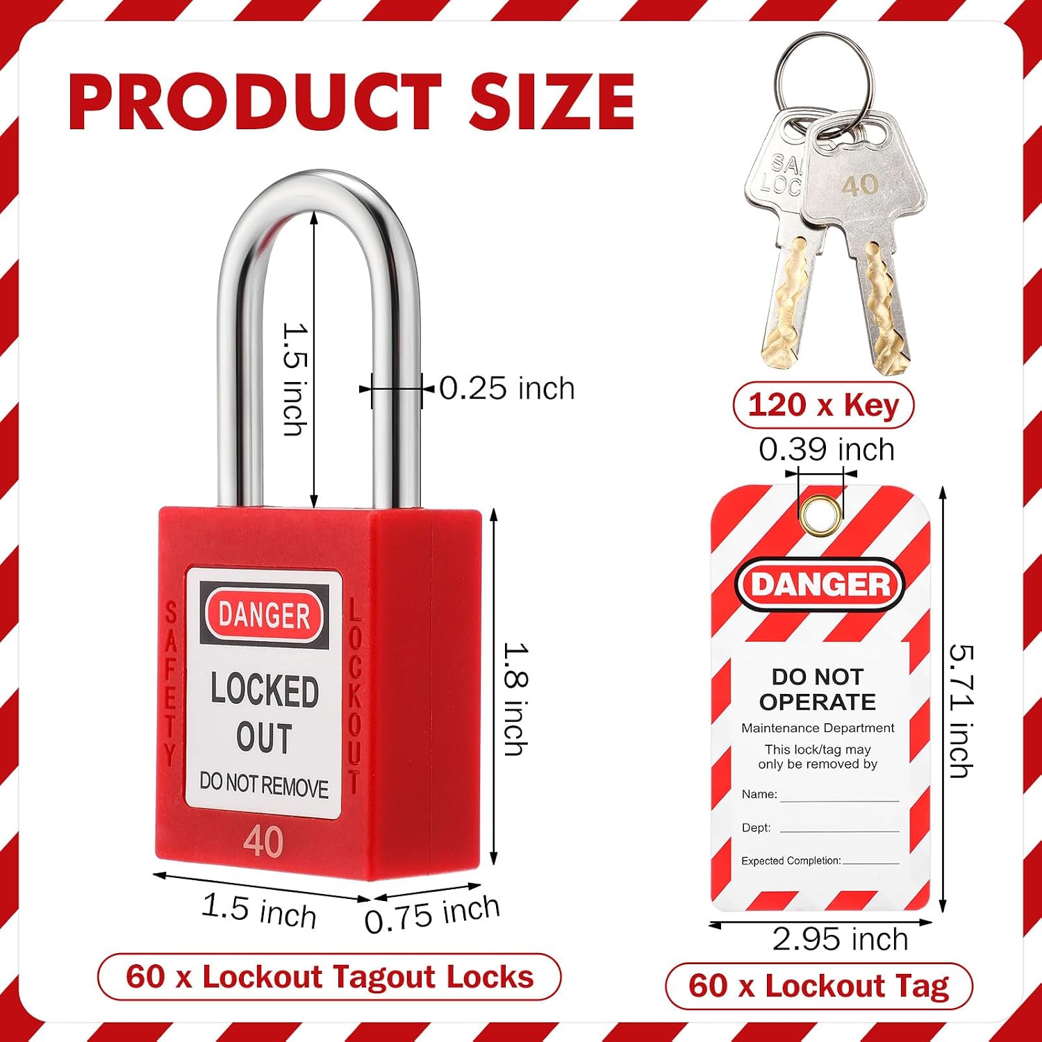 60 Set Lockout Tagout Locks with 60 Lockout Tags - Loto Safety Padlock Keyed Different 2 Keys Per Lock Red Padlocks for Lock Out Tag Out Stations and Devices