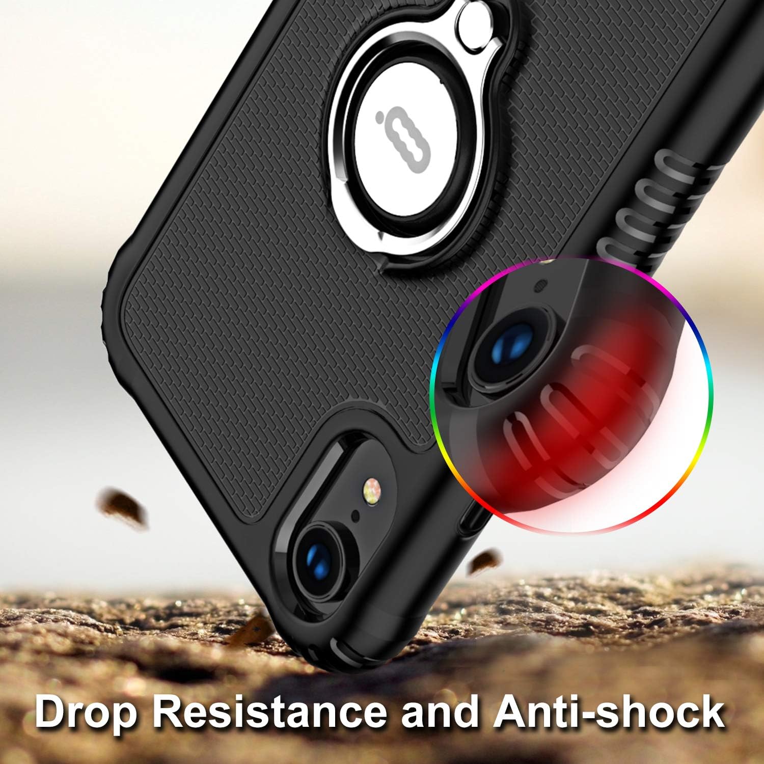 ICONFLANG Phone Case Compatible for iPhone XR 6.1" with Ring Kickstand 360 Degree Rotating Drop Airbag Protection Shock Absorption Case (Black)