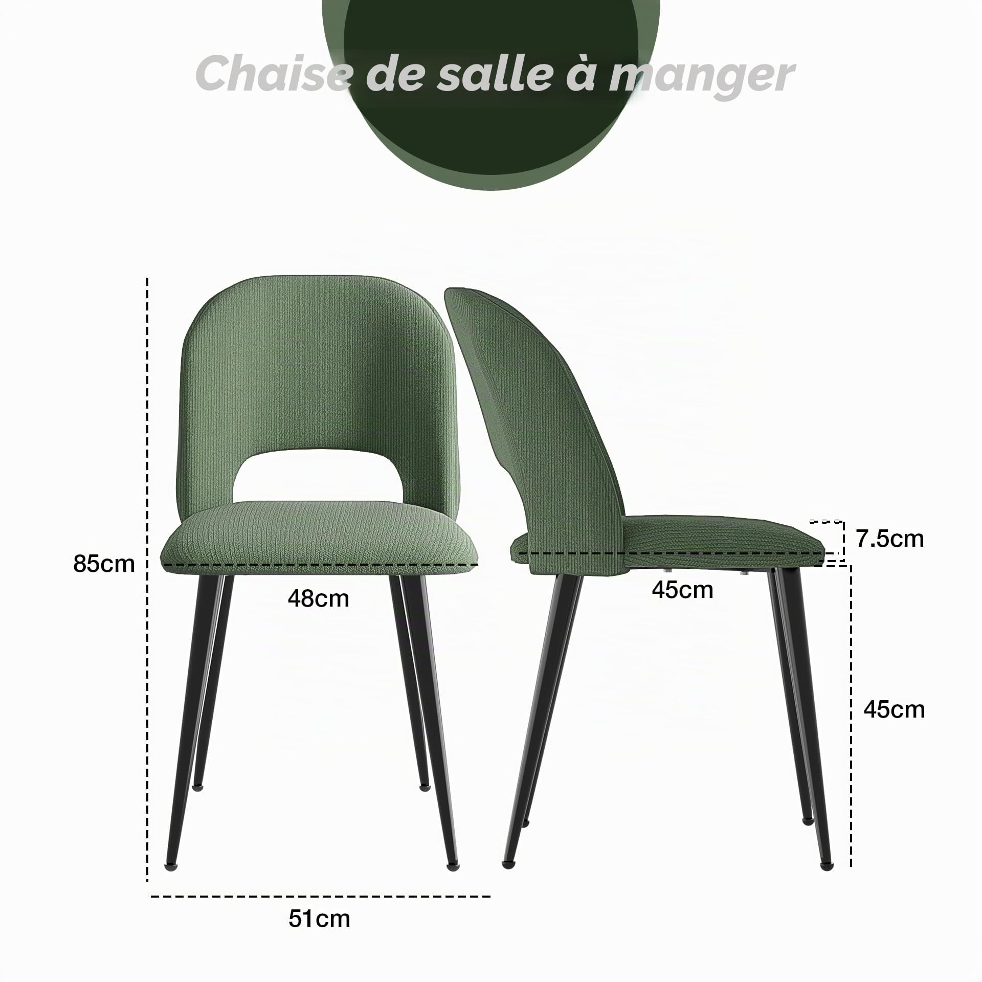 Lot de 2 Chaises Salle à Manger, Chaises de Cuisine Rembourrées avec Dossier Doux, Pieds Réglables en Métal, Chaises pour Cuisine Salon Chambre Bureau, Vert