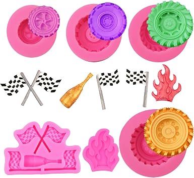 6PCS Race Car Mold, Silicone 3D Tire Fondant Mold Truck Wheel Mold Fire Chocolate Molds for Fondant Candy Baking Cupcake Topper Cakes Decorating