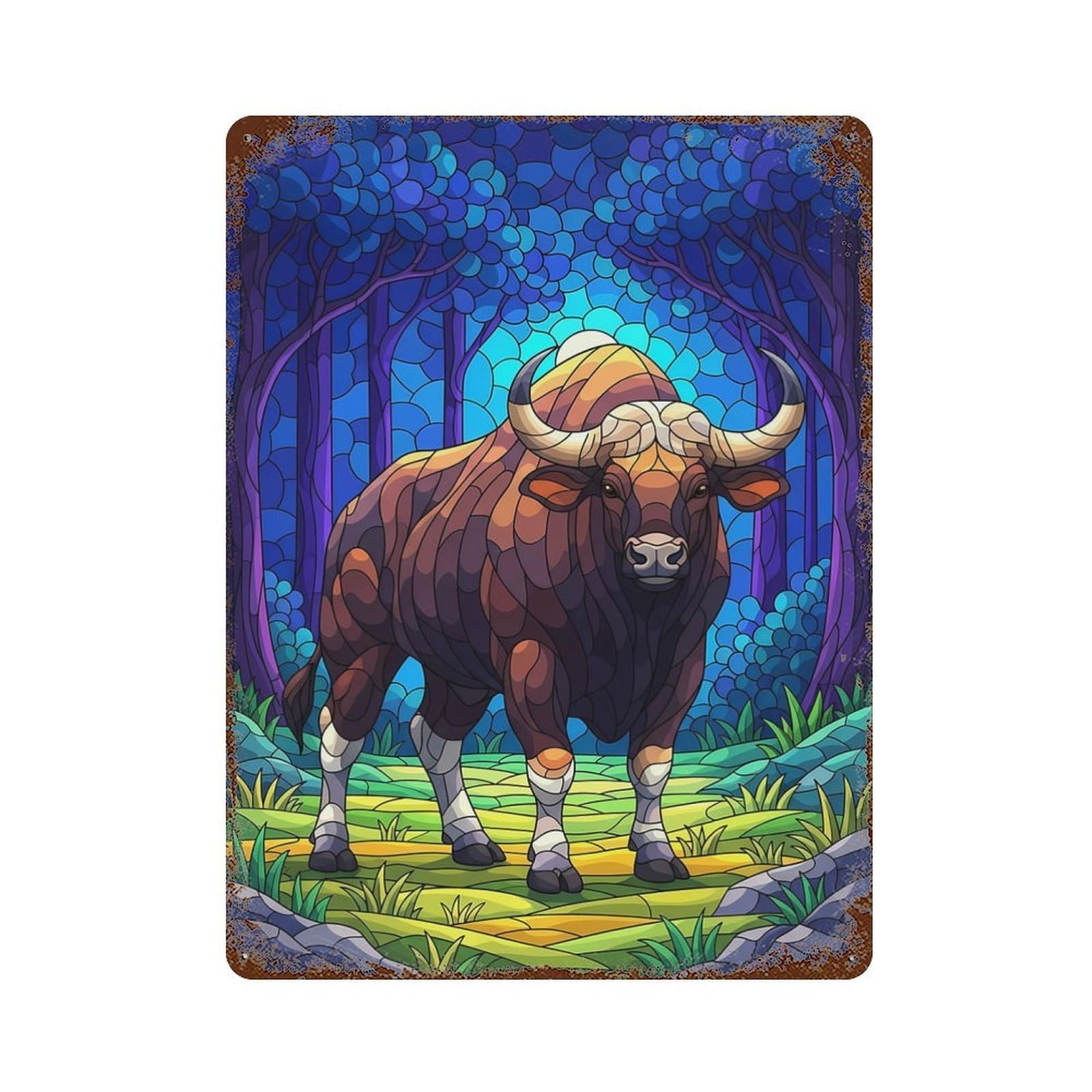 Gaur in Stained Glass Style Aged Metal Wall Plaque 15.7"x11.8", Decorative Metal Wall Art for Garage, Pub Or Kitchen