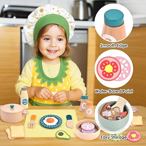 Miniatura 4 de Wooderma Juego de cocina de madera, juguetes de cocina de madera, accesorios de cocina, comida de madera para jugar cocina con platos de juego,
