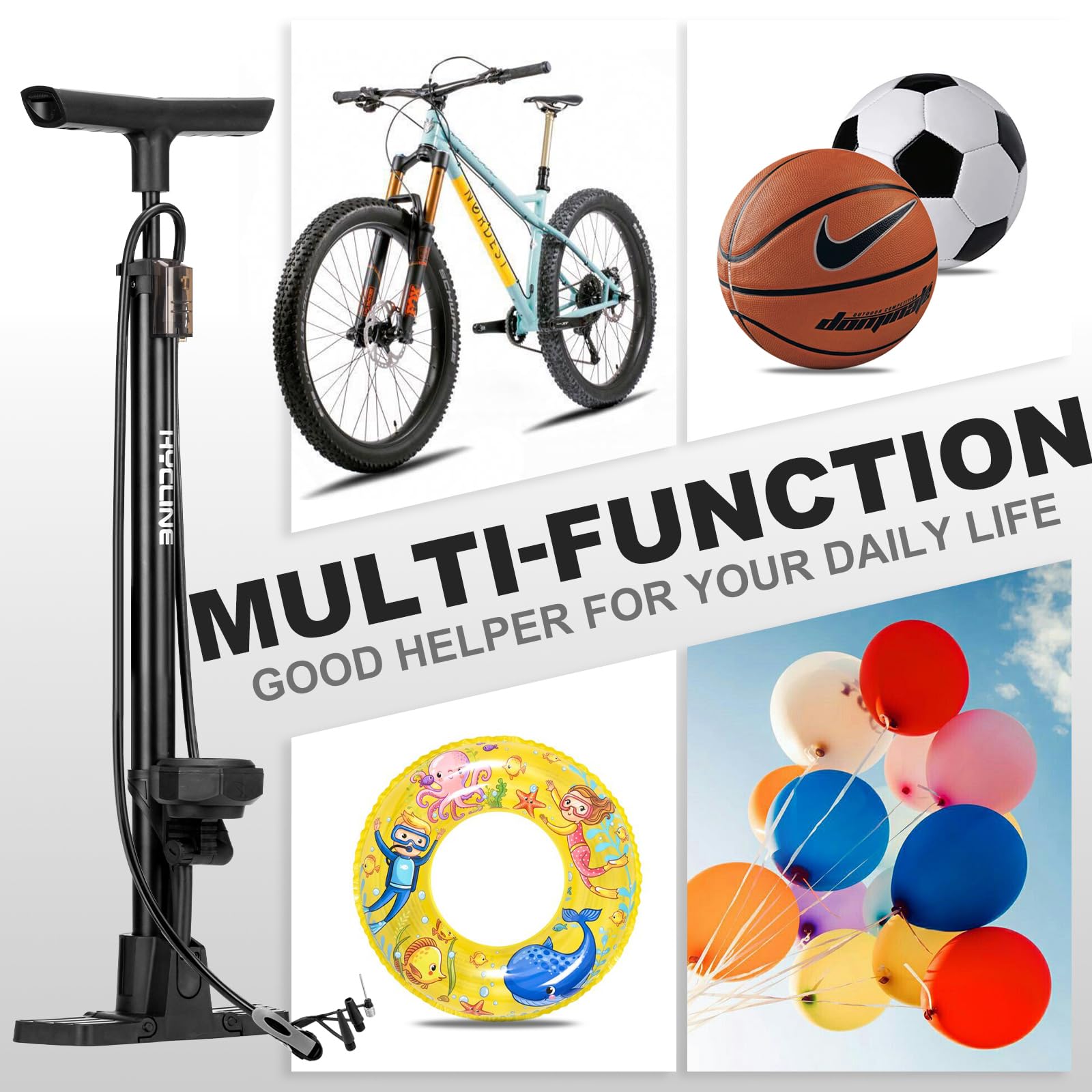 Hycline Bike Floor Pump with Gauge: Full Size 43inch 160 PSI High Pressure Bicycle Pumps - Durable Air Pump Fits Presta & Schrader Valve - Inflator for Road MTB Tire, Ball, Balloon, Inflatables