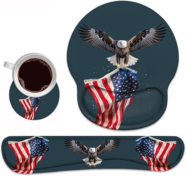Keyboard Wrist Rest and Mouse Pad Wrist Rest Support Set with Coasters, Non-Slip PU Base for Gaming and Office, Comfortable & Lightweight for Easy Typing & Pain Relief, American Flag Patriotic Eagle