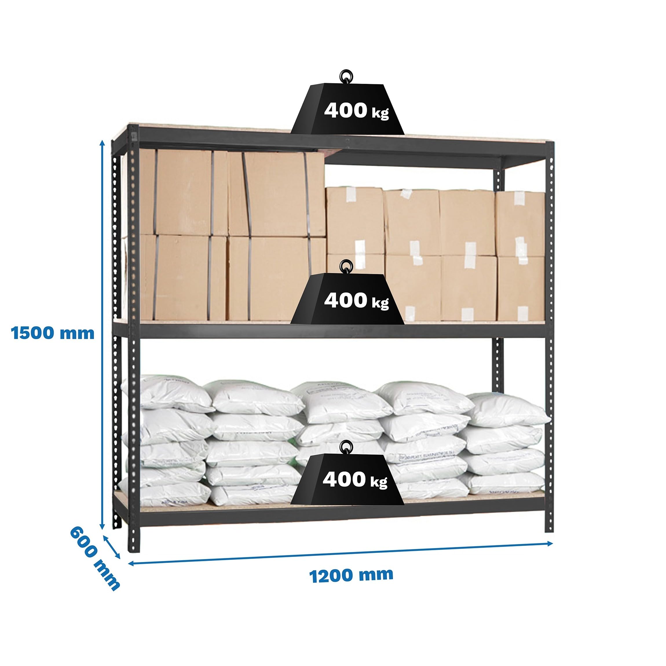 SimonRack Estantería Metálica Almacenaje, Sin Tornillos, 3 Baldas Madera, Alta Capacidad Carga 400 kg, 1500x1200x600 mm, Estantería Taller Garaje Trastero, Antracita/Madera | 3 Estantes Madera, 400 kg de Punto Flexión, Pintura anticorrosión, Antracita , M