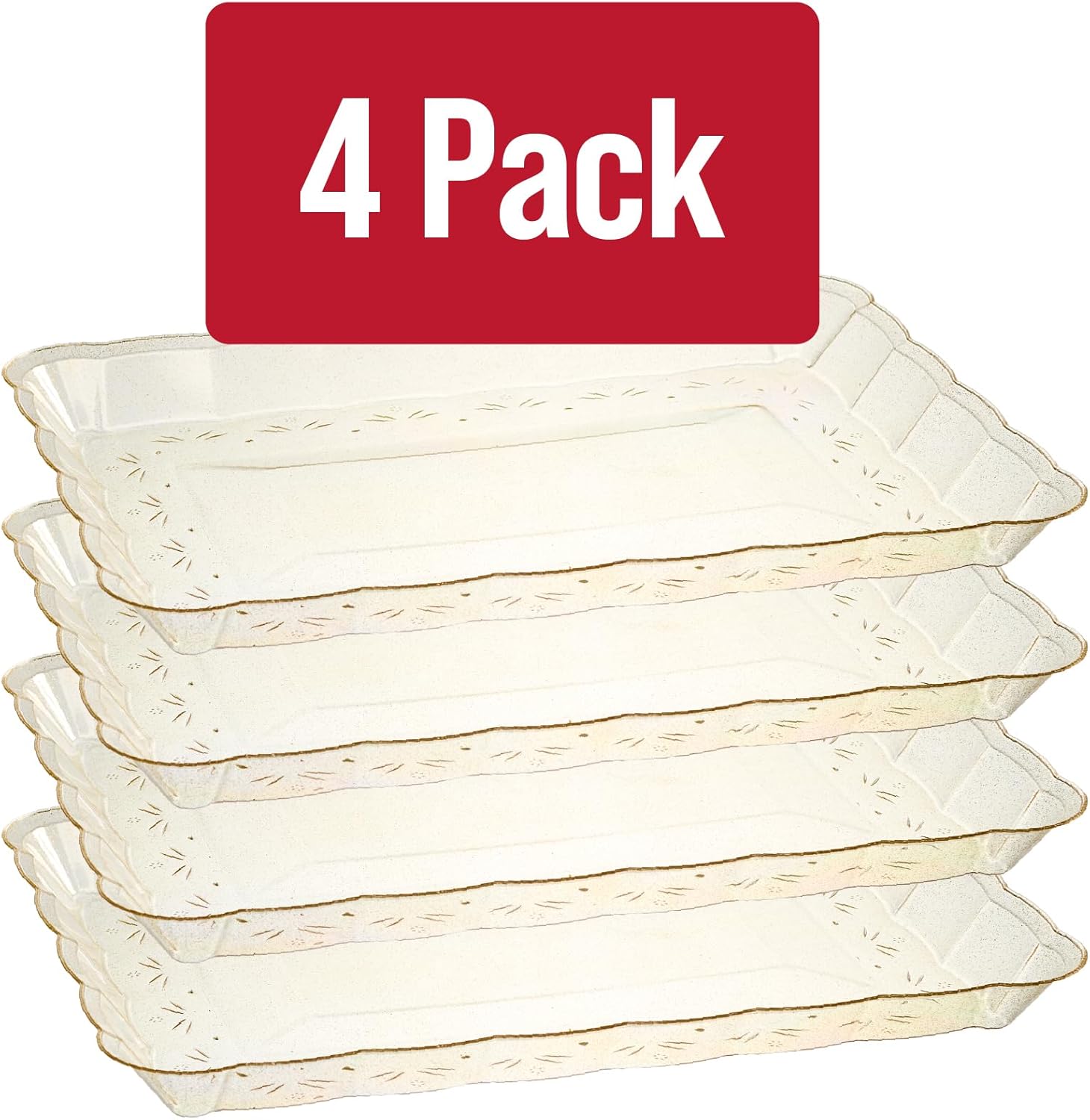 Plasticpro Plastic Serving Trays - Serving Platters Rectangle 9X13 Disposable Gold Glitter Party Dish Includes 4 Trays