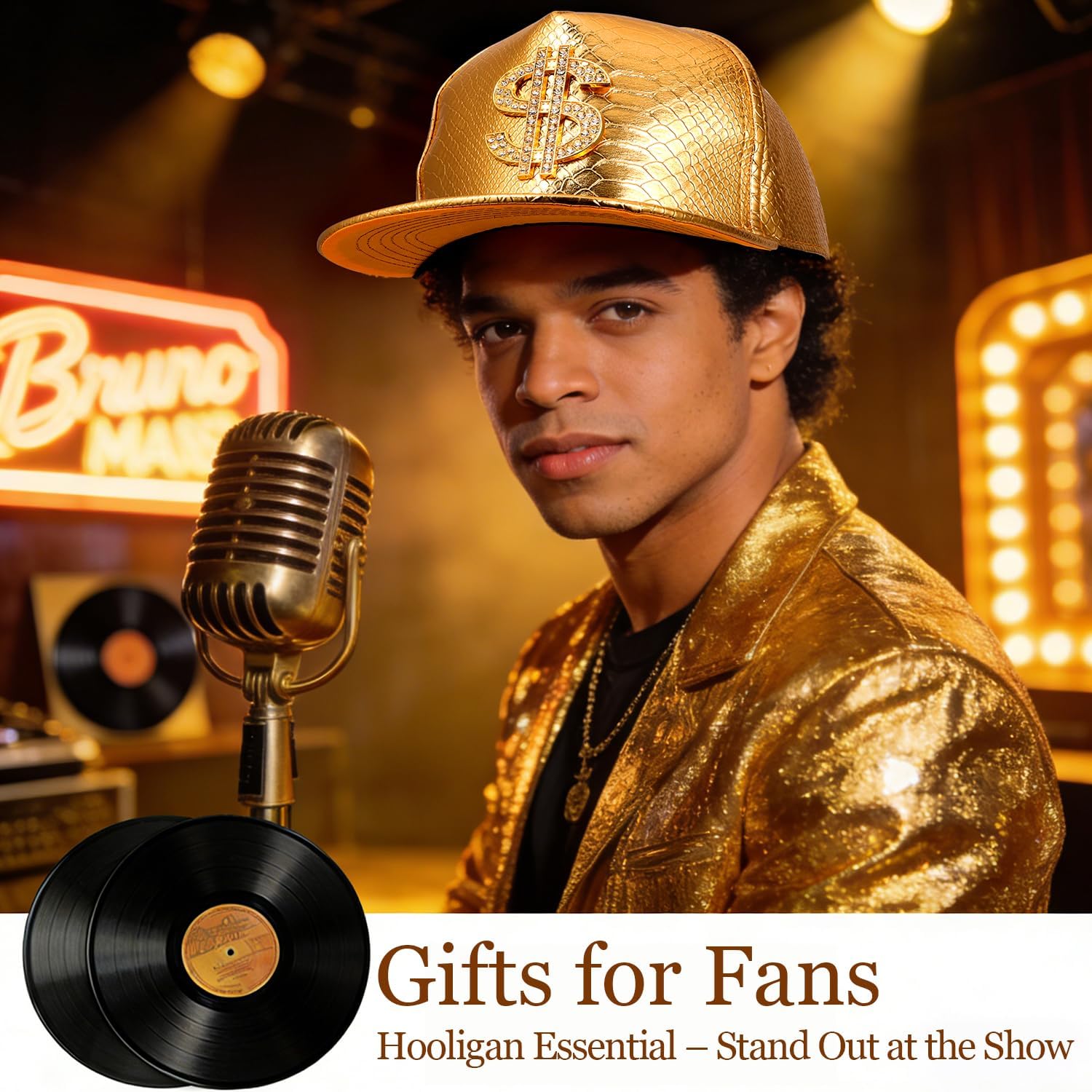 AICase for Bruno Merch Gifts Hip Hop Hat Gold Dollar Sign Concert Outfit