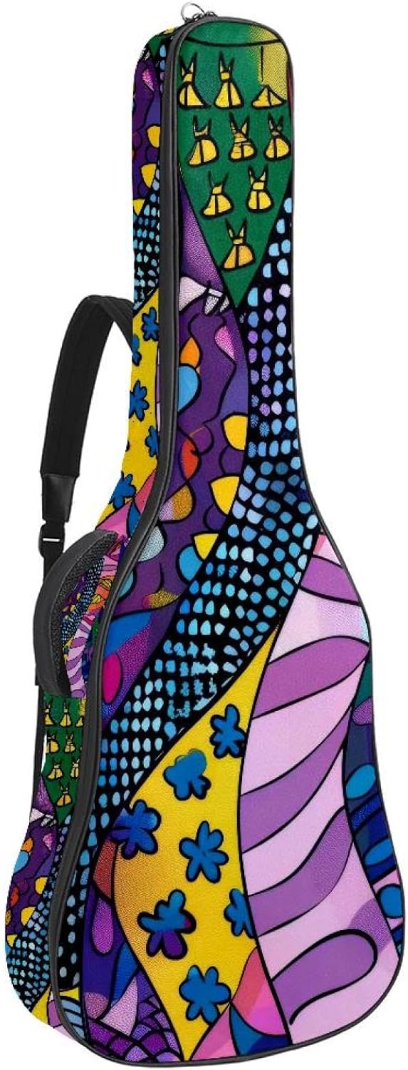 Acoustic Guitar Gig Bag 10mm Thick Padding, Soft Waterproof Guitar Case with Adjustable Backpack Straps for 40-42 Inch Guitar, Ethnic Colorful Flowers and Line Geometric Doodle Texture