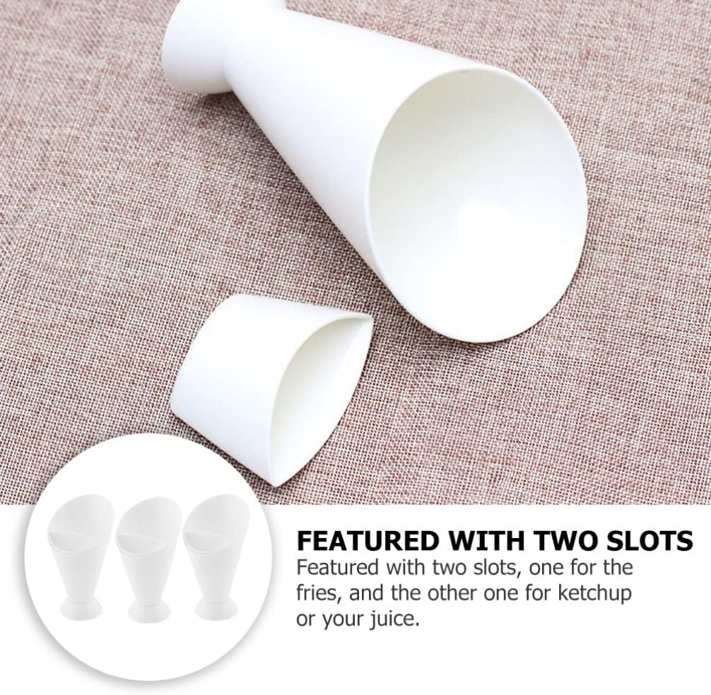 Housoutil White Dessert Plates Plastic French Fries Cup 6Pcs French Fry Cone Dipping Cups French Fries Holder with Ketchup Compartment Standing 2 in 1 Snack Cone with Dipping Cup White Serving Tray