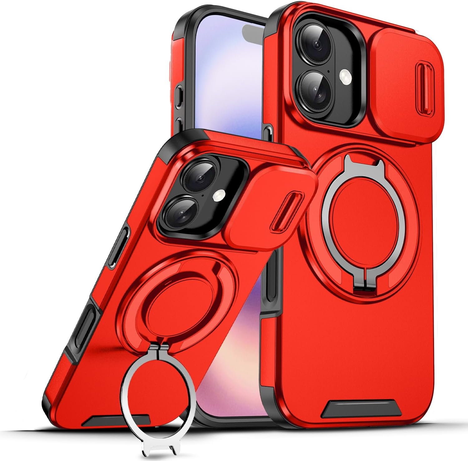 Dteck for iPhone 17 (6.3", 2025 Release) Shockproof Phone Case with Slide Camera Cover, Rotate Ring Holder Kickstand, Compatible with MagSafe Accessory, Drop Proof Protective Magnetic Hard Cover, Red