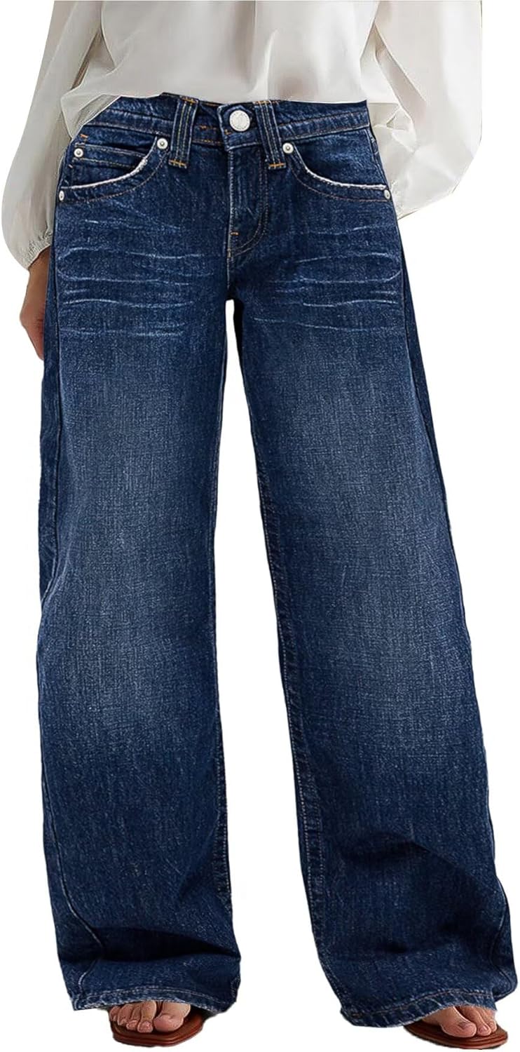 Flamingals Wide Leg Jeans for Women Mid Waist Baggy Stitch Decor Denim Washed Pants Without Belt