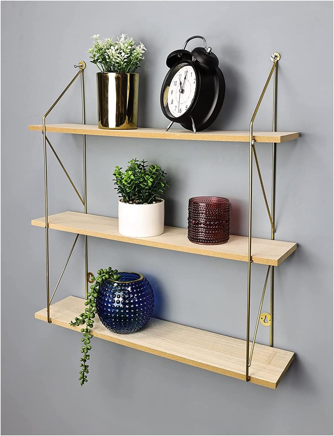 spot on dealz® 3 Tier Modern Gold floating decorative hanging shelves with MDF Oak wood and