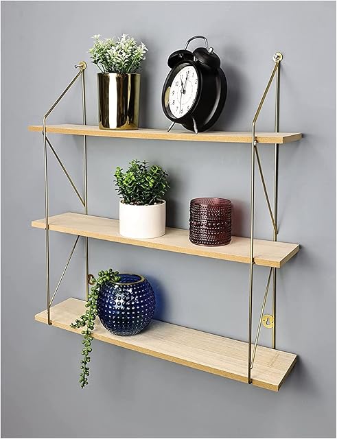 spot on dealz® 3 Tier Modern Gold floating decorative hanging shelves with MDF Oak wood and metal wire frame bookshelves industrial wall mounted display shelving unit, Living Room furniture