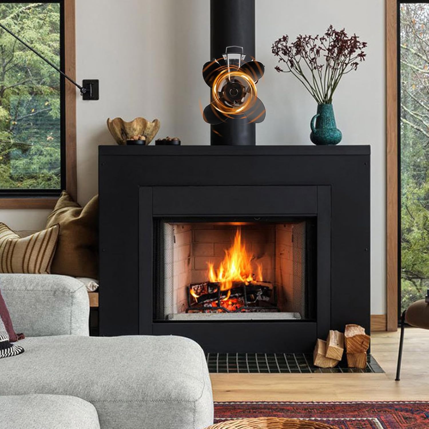 Heat Powered Stove Fan, Wood Fireplace Fan, 4-Blade Wall-Mounted Heat Distributor, Efficient for Log Burners, Wood Stoves, Fireplaces, Silent and Energy Saving Circulation Home Heating