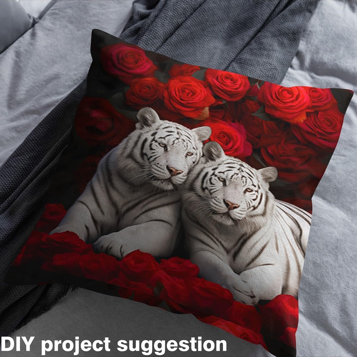 White Tiger Upholstery Fabric,Jungle Animal Flannel Fabric by The Yard,Woodland Wildlife Indoor Not Stretchy Decor,Romantic Floral Material by The Yard,Red Rose Flower Decor for Kids Boys,2 Yards