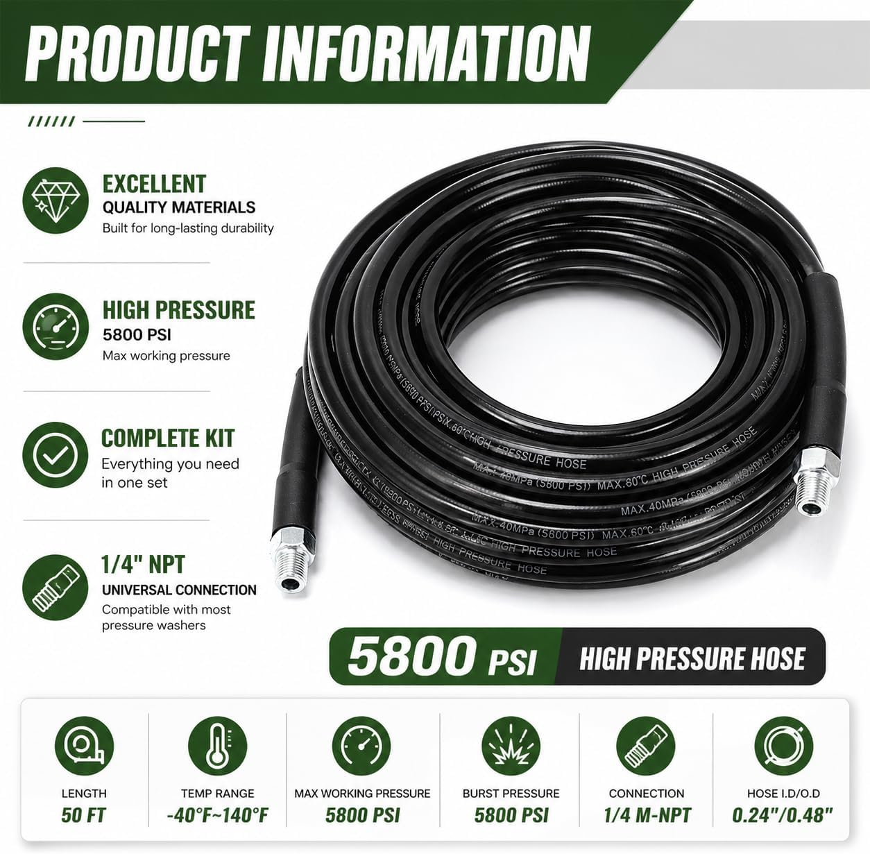 Sewer Jetter Kit for Pressure Washer, 50FT Drain Cleaning Hose with Corner Rotating and Button Nose Nozzles, 1/4" NPT Sewer Jet Nozzle Set with Spanner, Tape, Pins, 5800 PSI