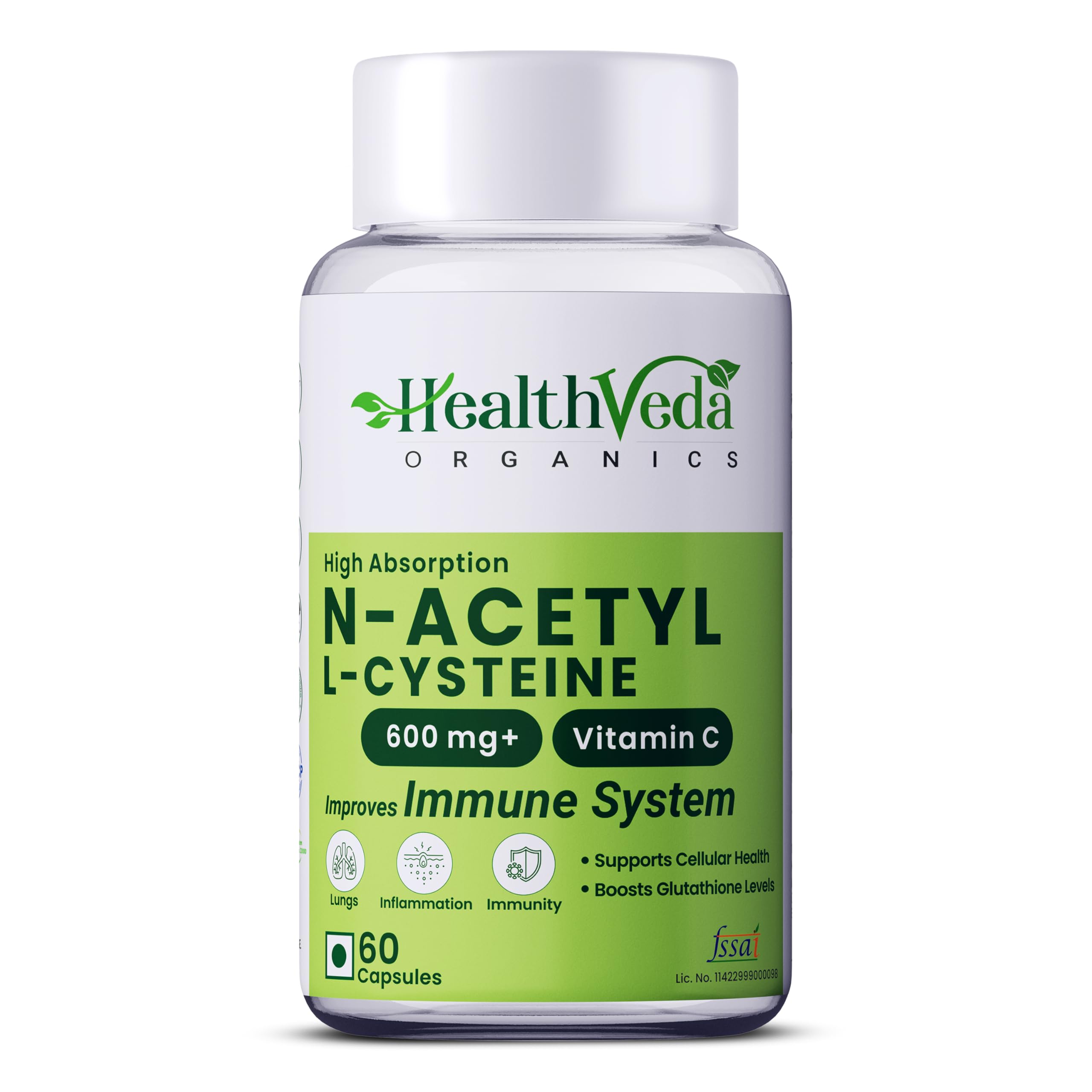 Health Veda Organics N-Acetyl L-Cysteine (NAC) 500 mg | 60 Veg Capsules| Lung,Respiratory Support & Antioxidant Supplement