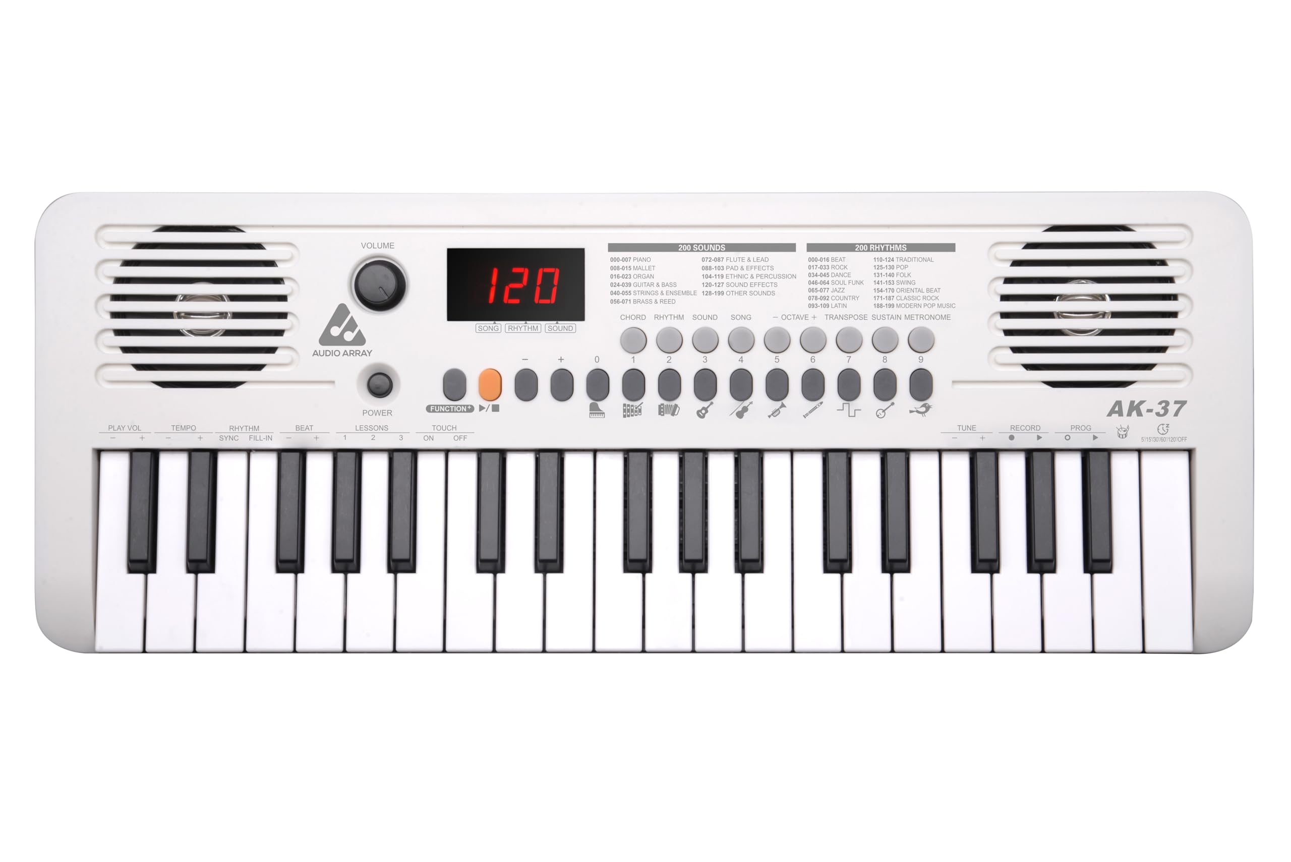 Audio Array AK-37 White MIDI Keyboard 37 Velocity Sensitive Keys, Built-in Speakers, 200 Presets, Sustain & Touch, Tempo, Octave/Transpose/Tune, Master Volume Knob, LED Display BT AA & Type-C Power-image-12