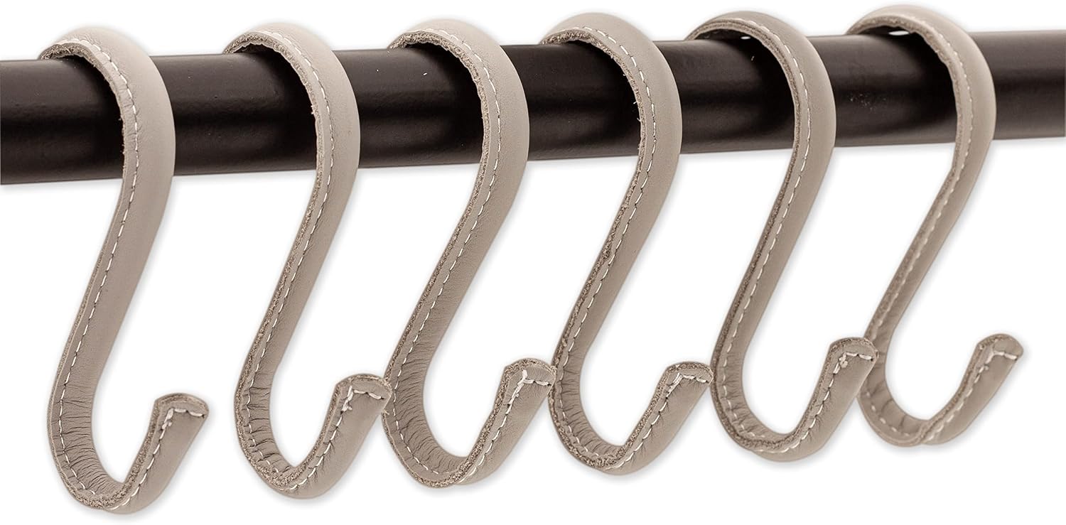 Brute Strength - S Shaped Leather Wrapped Hooks - 6 pcs - Light Gray - Stainless Steel Hangers for Kitchen