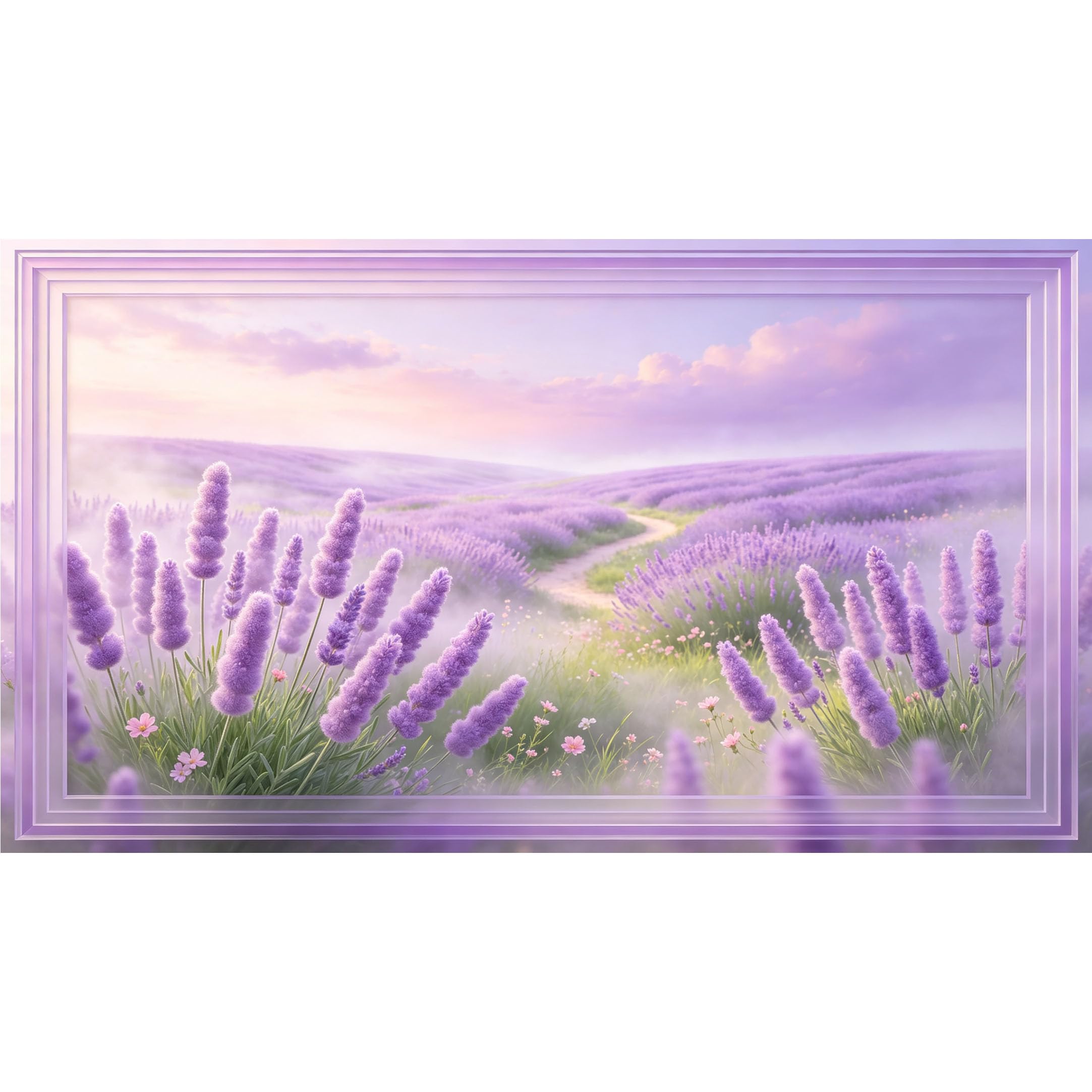 QZLITHOTIC 50×90cm3D Framed Wall Art， Lavender Field Path Landscape Watercolor Self?Adhesive Mural， Water?Activated Peel & Stick Fabric Decor Wall Decal for Bedroom Living Room