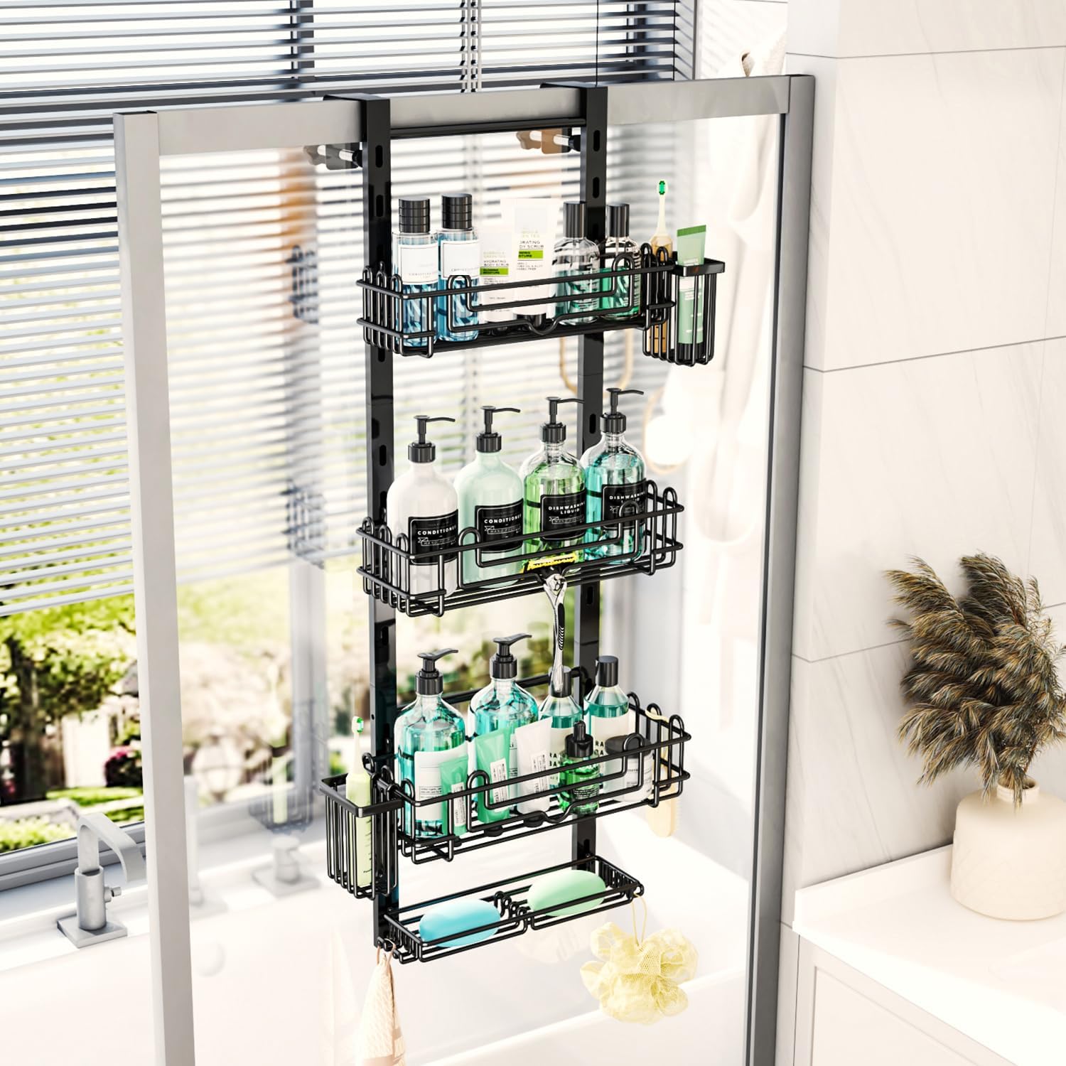 HapiRm 4 Tier Over the Door Shower Caddy, Hanging Shower Caddy with 22 Hooks and 2 Toothbrush Holders, No Drilling Adjustable Hanging Bathroom Organizer - Black