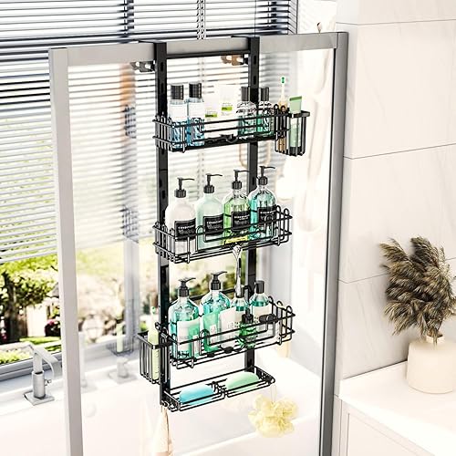 Miniatura 8 de HapiRm Organizador de ducha de 4 niveles sobre la puerta, organizador de ducha colgante con 22 ganchos y 2 soportes para cepillos de dientes,