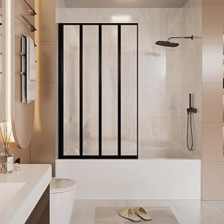 Folding Pivot Bathtub Shower Door with Linkage Hinge Fixtures, Bi Fold Framed Bath Screen Tub Door with Tempered Safety Glass,31 1/2 in. W x 55 in. H (Black)