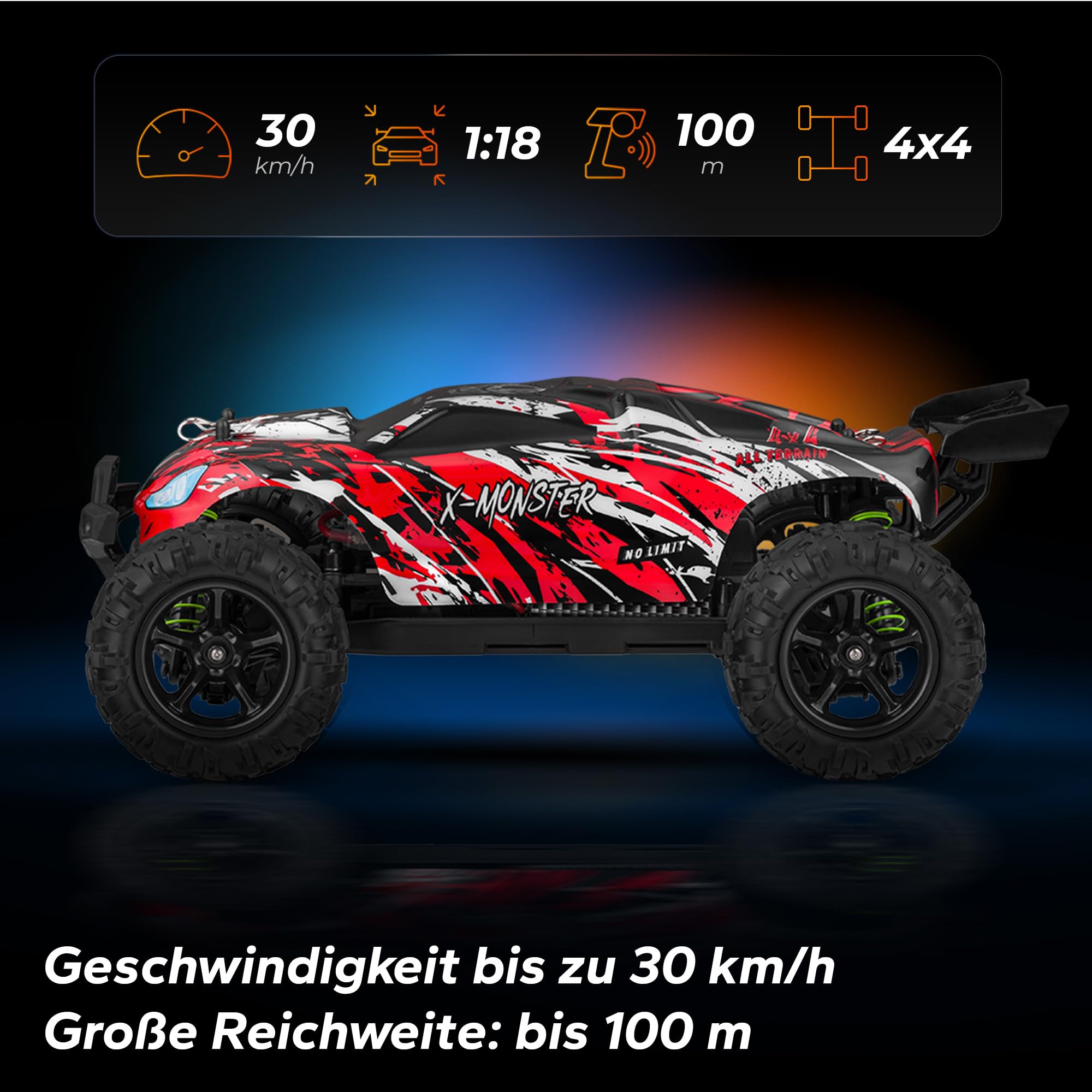 Overmax X-Monster 3.5 RC Truck 1:18, 30 km/h 4WD, 100 m Reichweite | 2×850 mAh Akku/40 Min, unabhängige Federung, 2 Karosserien, Metallantrieb