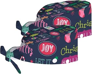 Working Cap with Sweatband Button Tie Back Hats Christmas Tree New Year Winter Work Hat Skull Cap for Women Men 2 pack