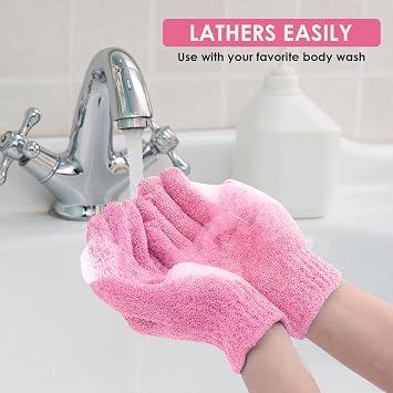 Sibba 2Pcs Exfoliating Wash Gloves Dual Texture Bath Gloves for Shower Body Scrub Exfoliating Mitt Dead Skin Remover Exfoliator Mitten Natural Body Loofah Washcloth (2pcs Pink)